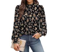 Chemisier à col montant, devant plissé, manches bouffantes, coupe ample, chemise, pull, tunique, haut, vêtements d'automne décontractés, chemisier avec détail plissé à l'avant pour femme, manches