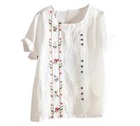 Chemisier à fleurs courtes brodées pour femme - Manches bohème - Chemise d'été pour femme - T-shirt arc-en-ciel pour femme, Blanc., XXL