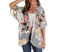 Chemisier à imprimé floral en tissu léger protégeant du soleil Style kimono Haut pour femme, gris, M