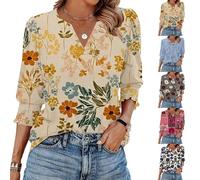 Chemisier à manches 3/4 à imprimé graphique pour femme, chemise habillée ample décontractée plissée bohème à manches longues avec col en V et poignets smockés, gris
