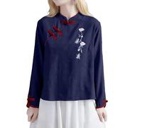 Chemisier à manches 3/4 en coton et lin brodé pour femme, col mandarin, bouton grenouille, haut de costume chinois, élégant surdimensionné Cheongsam pour thé zen et tenue décontractée au quotidien