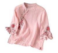 Chemisier à manches 3/4 en dentelle pour femme - Tunique bohème brodée à motif floral - Haut d'été hippie à volants sur le devant pour femmes âgées - Style rétro gaze bohème, rose, 3XL
