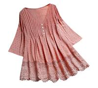 Chemisier à manches 3/4 en lin de style bohème en dentelle florale brodée graphique tunique d'été indienne à volants pour femmes âgées rétro occidentale grande taille gaze mignonne, rose, 4XL