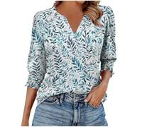 Chemisier à manches 3/4 pour femme avec col en V - Tunique plissée décontractée - Coupe ample - Chemises de travail habillées et tendance à manches smockées, Vert, XXL