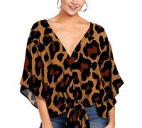 Chemisier à manches cloches 3/4 pour femme - Imprimé floral - Col en V - Manches cloches 3/4 - Chemisier d'été élégant - Ample - Pull sexy - Col bas - Nœud noué - Chemise confortable en coton