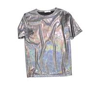 Chemisier à manches courtes métallique pour femme n cou, paillettes holographiques pour soirée, Noir , 5XL