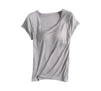 Chemisier à manches courtes pour femme avec soutien-gorge rembourré intégré - T-shirt d'entraînement léger uni - Couleur unie - Col rond - Confortable - Pour le yoga et la gym - Haut tendance en coton