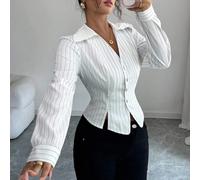 Chemisier à manches longues col boutonné, col V, style rayé noir et blanc, élégant, pour le bureau, les déplacements, les occasions décontractées, les fêtes, le style rétro, l'enseignement, l'automne,