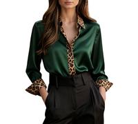 Chemisier à manches longues en satin pour femme Motif léopard | Tissu satiné lisse avec patchwork léopard, revers et boutons, sensation de luxe pour les dîners, les rendez-vous