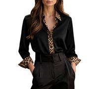 Chemisier à manches longues en satin pour femme Motif léopard | Tissu satiné lisse avec patchwork léopard, revers et boutons, sensation de luxe pour les dîners, les rendez-vous