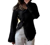 Chemisier à manches longues et col en V pour femme, décontracté, uni, coupe ample, élégant, longueur standard, haut pour le quotidien, les vacances, les fêtes, chemisiers d'été légendaires (M noir)