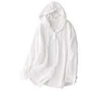Chemisier à manches longues pour femme - Protection solaire légère - En lin - Avec capuche - Boutonnière d'extérieur - Séchage rapide, Blanc., L