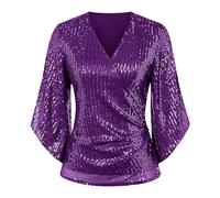 Chemisier à paillettes élégant pour femme - Col en V - Robe festive - Mariage - Tenue de fête - Manches 3/4 - Manches longues à volants - Tunique brillante - T-shirt à paillettes - Loisirs, lilas, S
