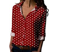 Chemisier à pois à manches longues pour femmes, hauts à col roulotté avec col rabattable - blouse décontractée, haut de base à la mode, chemisier à col ras du cou avec encolure en U imprimée