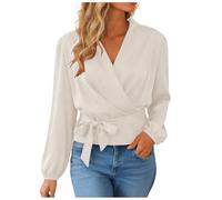 Chemisier à Satin avec Brillance Femme Chic Et Élégant À Manches Longues Ajusté Col V Cache-Cœur Haut Coupe Ajustée Sexy Décontracté Taille Froncée Blouses Mode Classiques Tops (Khaki, M)