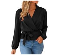 Chemisier à Satin avec Brillance Femme Chic Et Élégant À Manches Longues Ajusté Col V Cache-Cœur Haut Coupe Ajustée Sexy Décontracté Taille Froncée Blouses Mode Classiques Tops (Noir, XL)