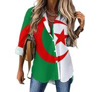 Chemisier à Vêtements Patriotiques avec Boutons pour Femme, Haut Blouse Manches Longues avec Drapeau De L'Algérie Imprimée Décontracté Blouses Ample Col en V Chemise Tops