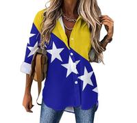 Chemisier à Vêtements Patriotiques avec Boutons pour Femme, Haut Blouse Manches Longues avec Drapeau De La Bosnie-Herzégovine Imprimée Décontracté Blouses Ample Col en V Chemise Tops
