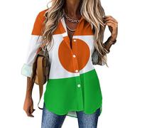 Chemisier à Vêtements Patriotiques avec Boutons pour Femme, Haut Blouse Manches Longues avec Drapeau De L'Île Maurice Imprimée Décontracté Blouses Ample Col en V Chemise Tops