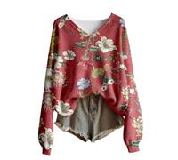 Chemisier ample à manches longues avec col rond et imprimé floral pour un usage quotidien décontracté, confortable et doux. Chemise tunique avec un design tendance et des motifs classiques, Rouge