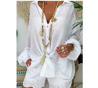 Chemisier ample à manches longues en lin blanc transparent pour femmes. Convient pour les festivals de musique, les fêtes de Coachella, les tenues décontractées pour jeunes filles, les vacances à la p