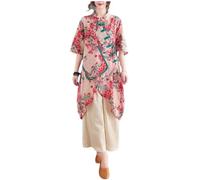 Chemisier ample en coton-ramie hanfu d'été robe chinoise à manches 3/4 avec des hauts à boutons grenouille chinoise (TG)
