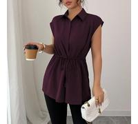 Chemisier ample en couleur unie à manches ballons, col chemise, boutons devant et cordon de serrage à la taille. Idéal pour les vacances et les déplacements. L,M,S,XL,XXLTissu tissé