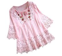 Chemisier ample en gaze bohème pour femme, chemisier bohème paysan patchwork floral brodé chemise printemps hippie à volants tunique pour femmes âgées fête dentelle crochet broderie Liene V, rose, S