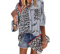 Chemisier ample pour femme Imprimé léopard Col en V Bouton à manches longues Décontracté Couleur unie, gris, XS