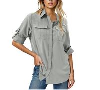 Chemisier anti-UV pour femme - Manches longues - Couleur unie - Chemise de loisirs - Chemise fonctionnelle pour la pêche, le safari, les voyages, le golf, argenté, L