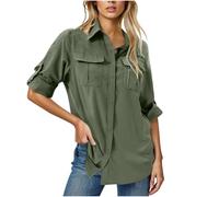 Chemisier anti-UV pour femme - Manches longues - Couleur unie - Chemise de loisirs - Chemise fonctionnelle pour la pêche, le safari, les voyages, le golf, Vert armée., XXL