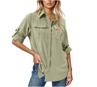 Chemisier anti-UV pour femme - Manches longues - Couleur unie - Chemise de loisirs - Chemise fonctionnelle pour la pêche, le safari, les voyages, le golf, kaki, L