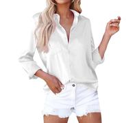 Chemisier Blanc Chic, Chemisier Femme à Manches Longues en Satin Décontractée avec Col en V Pull Sexy Tee Shirt Top,Blanc,XXL,F118S