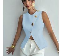 Chemisier blanc élégant, raffiné et romantique pour femme. Nouvelle mode quotidienne avec boutons métalliques à la taille et ourlet évasé, sans manches L,M,S,XL,XSTissu tissé