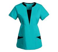 Chemisier Blanc Femme col en V Médicale Manches Courtes avec Poches et esthticienne Élastique Tunique Anti-Rides Uniforme Antibactérienne Confortable avec boutons Vêtements Blouse Aide Domicile