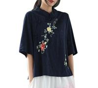 Chemisier Blanc Femme Col V Chinois Col Montant Bouton National Grande Taille Chemise Lin Femme Chemisier Vin Rouge, Marine, 4XL