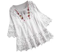 Chemisier bohème à manches 3/4 en lin pour femme - Coupe ample - Motif floral brodé - Tunique d'été hippie à volants pour personnes âgées - Tendance - Crochet - Broderie en dentelle - Gaze, blanc, L