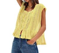 Chemisier bohème fluide à manches courtes semi-transparent à volants pour femme, jaune, L