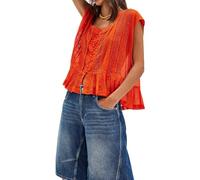 Chemisier bohème fluide à manches courtes semi-transparent à volants pour femme, Orange rouge., S