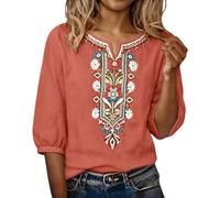 Chemisier brodé bohème mexicain pour femme - Styles ethniques d'été - Chemises en lin brodées style hippie paysan - Manches 3/4 - Col en V - Hauts légers - Tunique à la mode, Orange, M