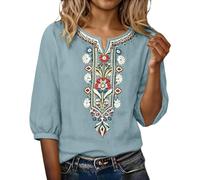 Chemisier brodé bohème mexicain pour femme - Styles ethniques d'été - Chemises en lin brodées style hippie paysan - Manches 3/4 - Col en V - Hauts légers - Tunique à la mode, bleu clair, XXL