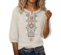 Chemisier brodé bohème mexicain pour femme - Styles ethniques d'été - Chemises en lin brodées style hippie paysan - Manches 3/4 - Col en V - Hauts légers - Tunique à la mode, beige, XL