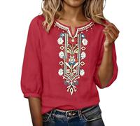 Chemisier brodé de style bohème mexicain pour femme - Hauts d'été de style ethnique boho brodés en lin - Hippie paysan à manches 3/4 - Col en V - Blouses légères - Tunique de mode - Taille unique