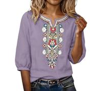 Chemisier brodé de style bohème mexicain pour femme - Hauts d'été de style ethnique boho brodés en lin - Hippie paysan à manches 3/4 - Col en V - Blouses légères - Tunique de mode - Taille unique