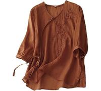 Chemisier brodé en lin pour femme - Chemise d'été bohème à manches 3/4 et col en V - Coupe ample - Tunique élégante et habillée - Chemise paysanne légère - Vêtements traditionnels chinois, marron, XL