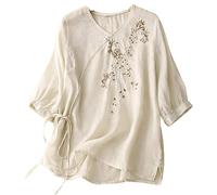 Chemisier brodé en lin pour femme - Chemise d'été bohème à manches 3/4 et col en V - Coupe ample - Tunique élégante et habillée - Chemise paysanne légère - Vêtements traditionnels chinois, beige, M