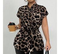 Chemisier casual élégant avec imprimé léopard, décoré de boutons et ceinturé, avec design d'épaules tombantes, taille grande, nouvelle arrivée printemps/été 0XL,1XL,2XL,3XL,4XLImprimés aléatoiresTissu