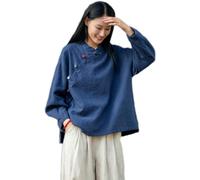 Chemisier chinois en ramie pour femme - Coton lin d'été Hanfu avec manches longues - Tunique rétro - Hauts de méditation - Costume traditionnel de méditation, bleu marine, M
