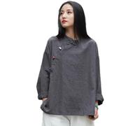 Chemisier chinois en ramie pour femme - Coton lin d'été Hanfu - Chemise traditionnelle avec manches longues - Tunique rétro - Tops - Costume de méditation, gris, M