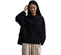Chemisier chinois Ramie pour femme - Coton et lin - Chemise Hanfu d'été traditionnelle - Costume de méditation avec manches longues - Tunique rétro - Costume de méditation, Noir , M